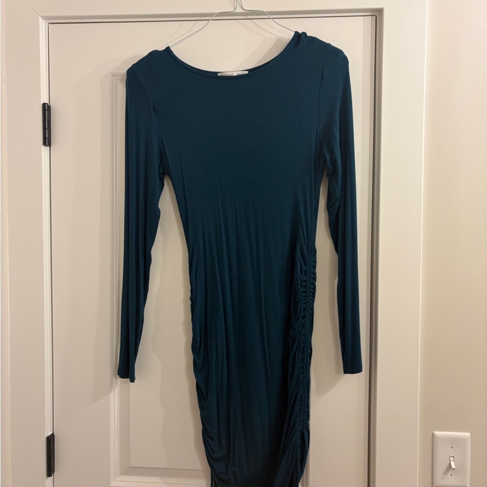 Long Sleeve Teal Ruched Side Bodycon Dress
